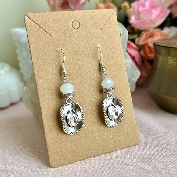 Cowboy Hat Dangle Pink Rhinestone Earrings .925 Sterling Silver - Picture 1 of 4